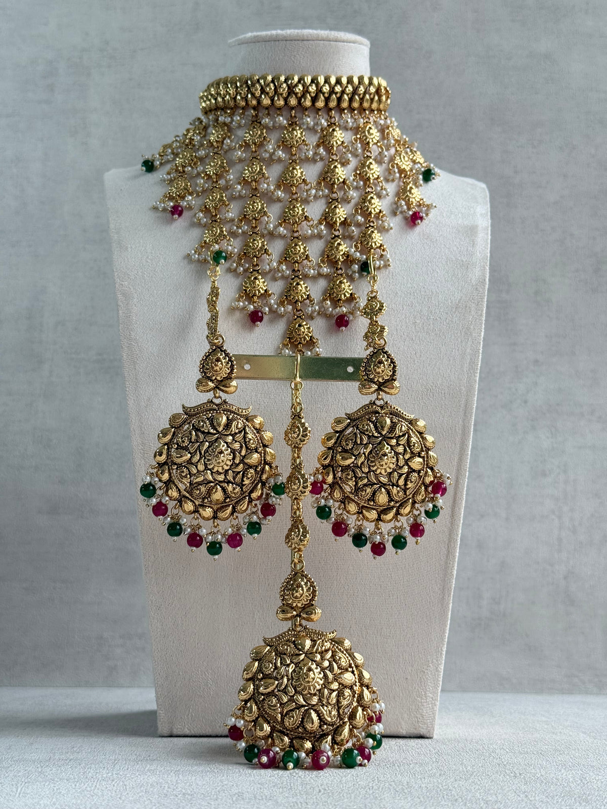 Ayura Designs Karima Choker Set with Sahare Earrings & Tikka – Waterfall Design, Rani Pink & Green Beads, Pearls & Antique Gold Finish