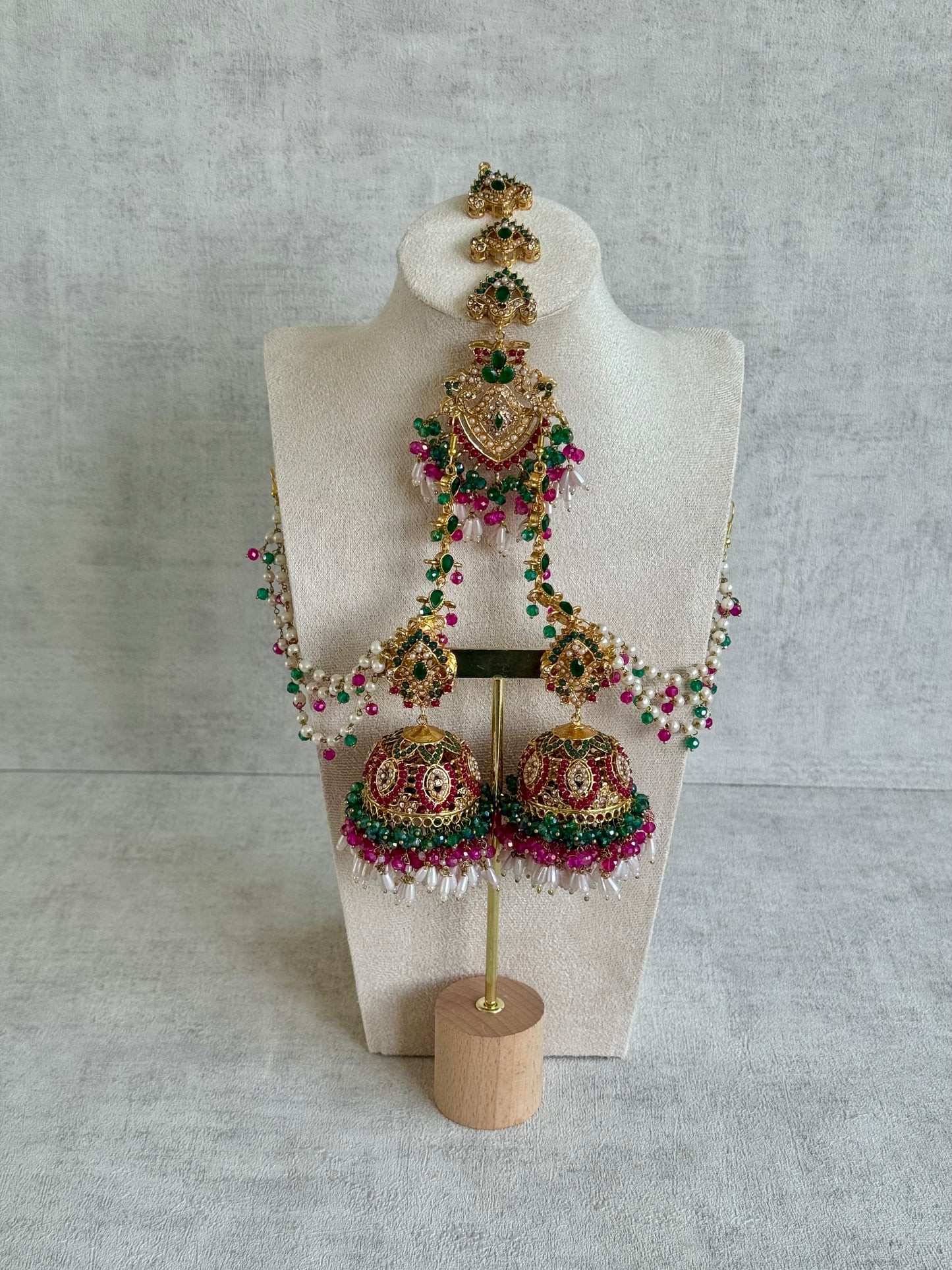 Ayura Designs Safia Tikka Set with Sahare Earrings – Multicolour (Emerald Green, Hot Pink & Ivory Beads)