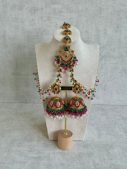 Ayura Designs Safia Tikka Set with Sahare Earrings – Multicolour (Emerald Green, Hot Pink & Ivory Beads)