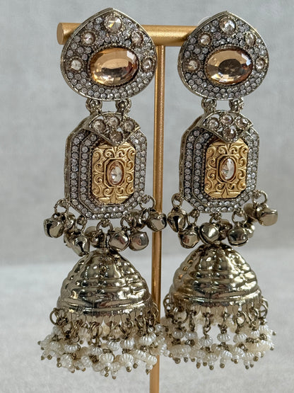 Ayura Designs Maara Jhumkis – Champagne Gold with Champagne Stones, Crystals, Ghungroos & Pearl Detailing