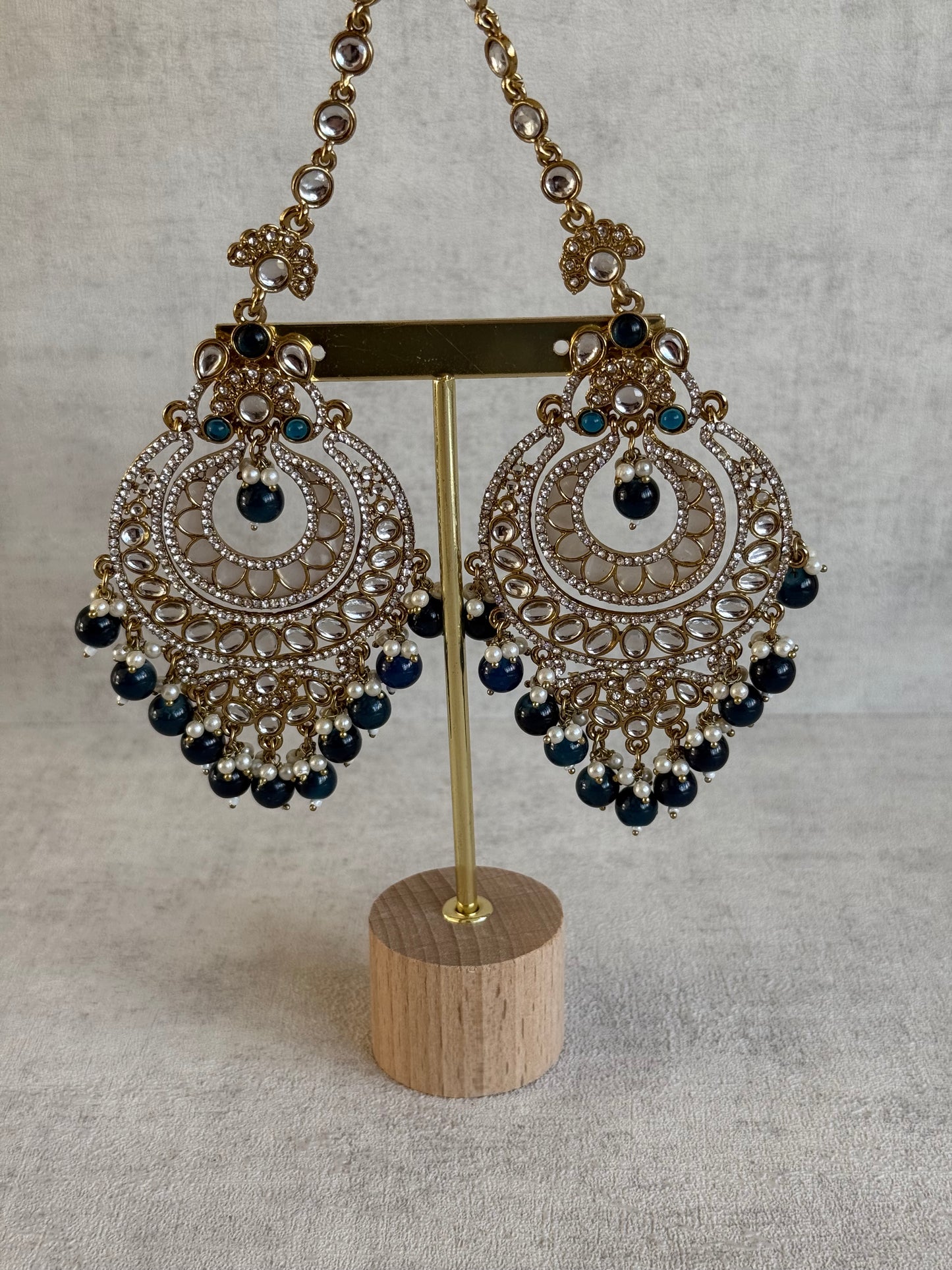 Ayura Designs Rabia Chandbalis – Antique Gold Kundan Earrings with Midnight Blue Beads, Pearls & Attached Sahare