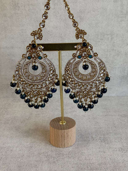 Ayura Designs Rabia Chandbalis – Antique Gold Kundan Earrings with Midnight Blue Beads, Pearls & Attached Sahare