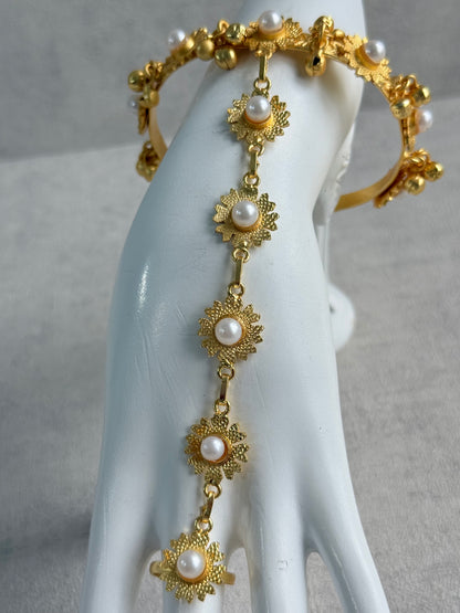 Ayura Designs Avanti Haathphool Set of 2 – Gold Finish Floral Hand Harness with Ivory Pearls & Ghungroo Detailing