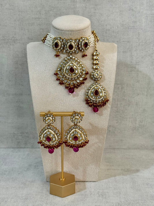 Ayura Designs Tehreem Set with Necklace, Earrings & Tikka – Mirror-Cut Stones, Magenta Beads & Antique Gold Finish