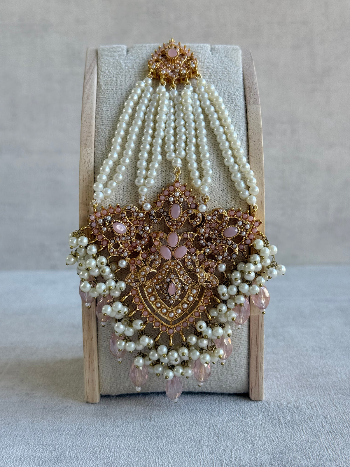 Ayura Designs Zahara Jhoomar Passa – Blush Pink Stones, Ivory Pearls & Gold Finish