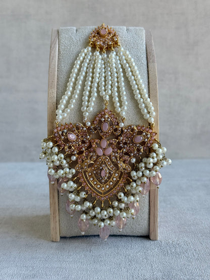 Ayura Designs Zahara Jhoomar Passa – Blush Pink Stones, Ivory Pearls & Gold Finish