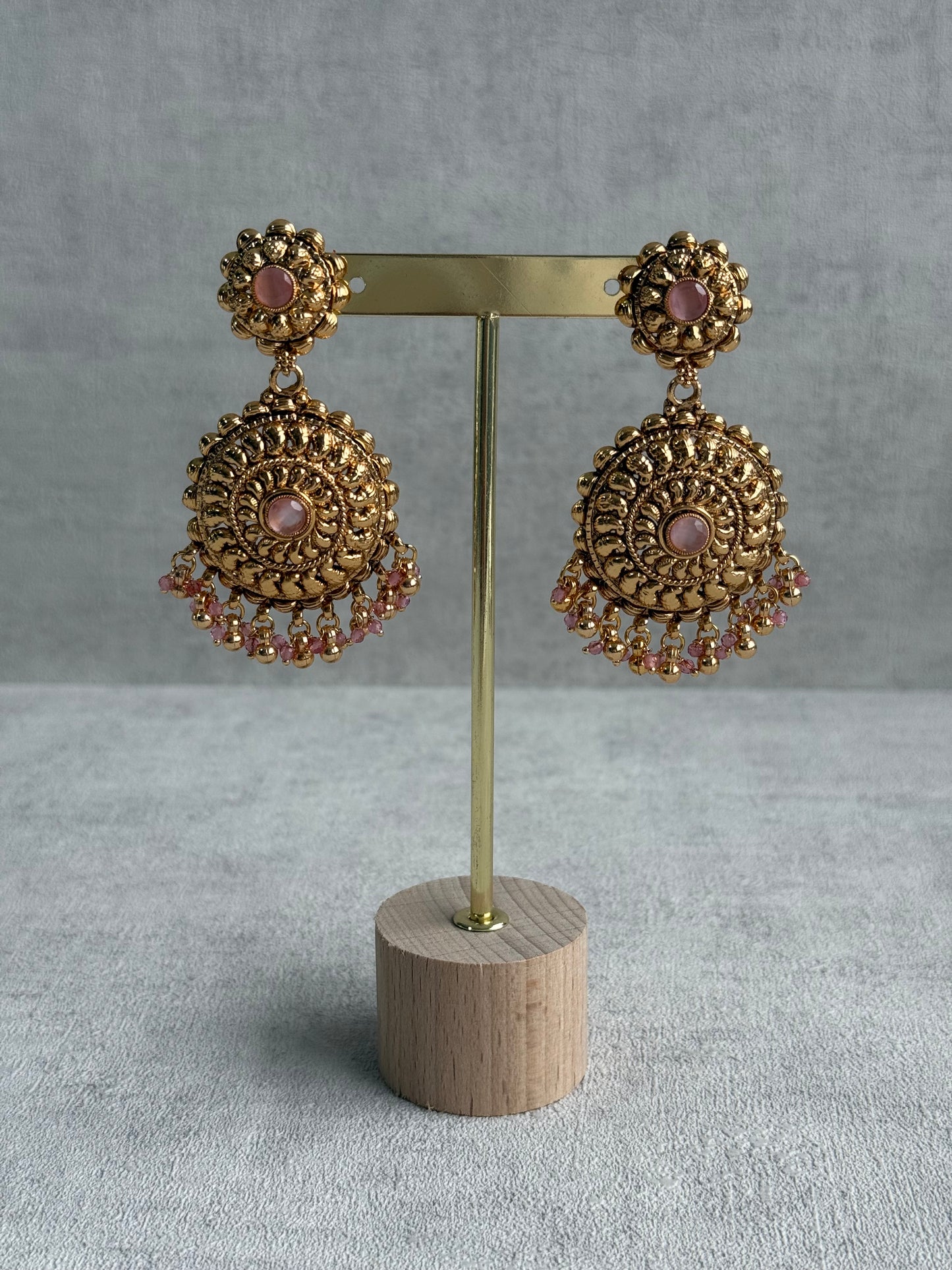 Ayura Designs Rummy Set – Statement Necklace, Earrings & Tikka with Blush Pink Beads and Polished Gold Finish