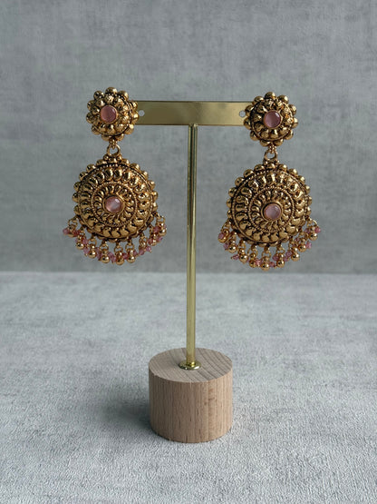 Ayura Designs Rummy Set – Statement Necklace, Earrings & Tikka with Blush Pink Beads and Polished Gold Finish