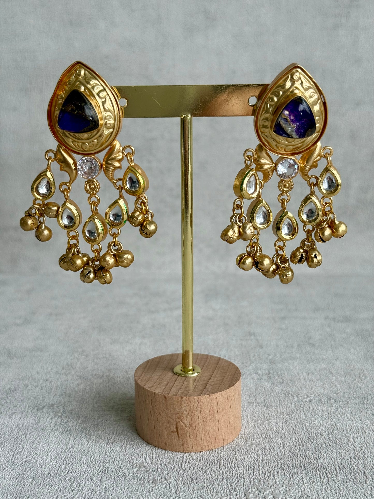 Ayura Designs Arheer Earrings – Violet Marble with Kundan Detailing & Antique Gold Ghungroos