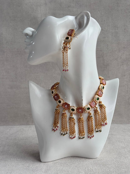 Ayura Designs Thansi Necklace Set with Earrings – Pink & Green Stones, Enamel Detailing, Chains with Pearl Drops & Gold Finish