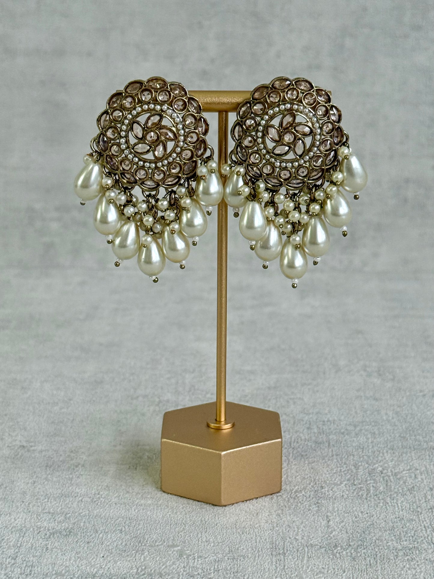 Ayura Designs Aynoor Petal Frame Earrings – Antique Gold Finish with Mirror-Cut Stones & Pearl Drops