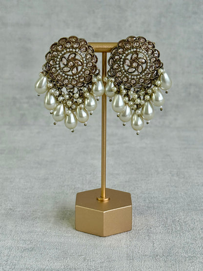 Ayura Designs Aynoor Petal Frame Earrings – Antique Gold Finish with Mirror-Cut Stones & Pearl Drops