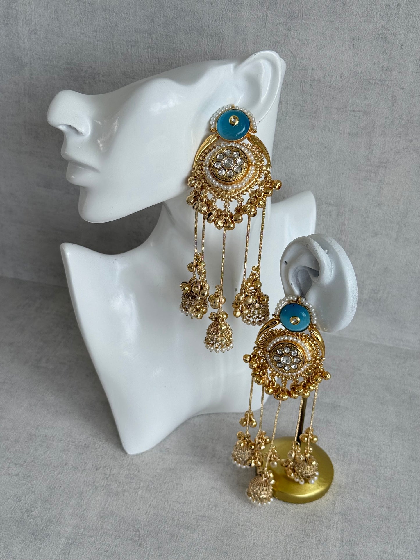 Ayura Designs Shagan Earrings – Aqua Blue Statement Earrings with Multi Jhumki Drops, Pearl Detailing & Ghungroo Accents