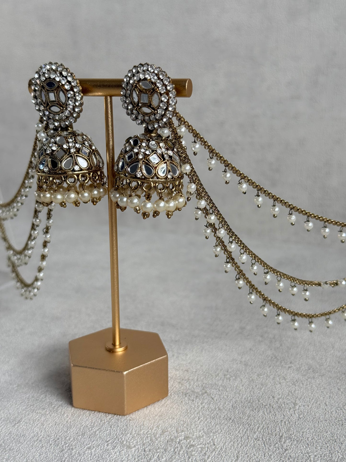 Ayura Designs Aaina Jhumkis – Antique Gold Mirror & Crystal Earrings with Detachable Triple-Layer Pearl Sahare