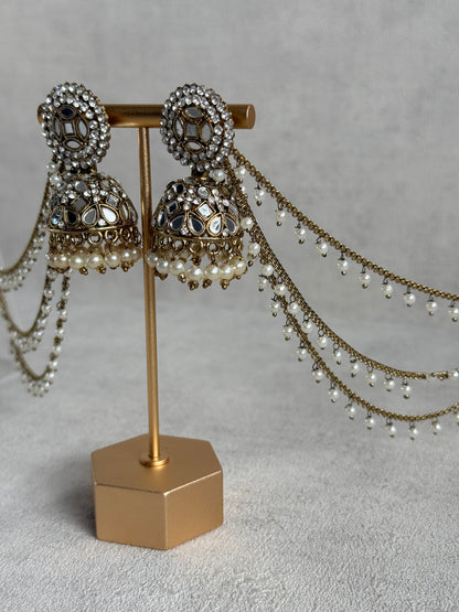 Ayura Designs Aaina Jhumkis – Antique Gold Mirror & Crystal Earrings with Detachable Triple-Layer Pearl Sahare