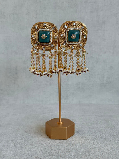 Ayura Designs Gunjal Earrings – Sage Green Chain Drop Studs with Kundan & Bead Detailing