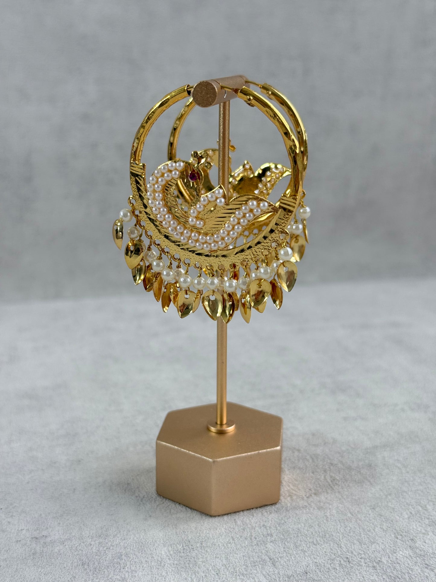 Ayura Designs Hansi Balis – Peacock Design with Pearl & Pippal Patti Detailing in Gold Finish