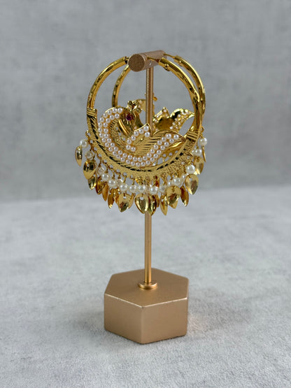 Ayura Designs Hansi Balis – Peacock Design with Pearl & Pippal Patti Detailing in Gold Finish