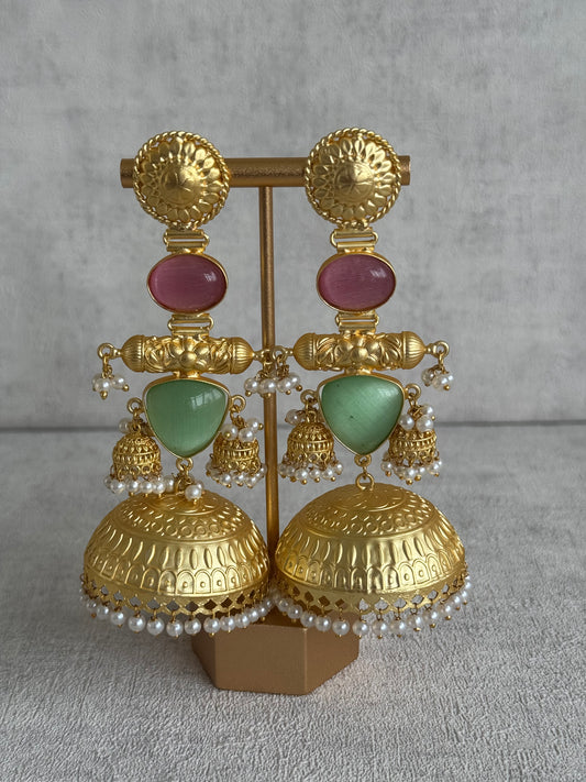Ayura Designs Sehmat Earrings – Matte Gold Brass with Mint Green & Rose Pink Cat-Eye Stones, Pearl Detailing & Tiered Jhumkas