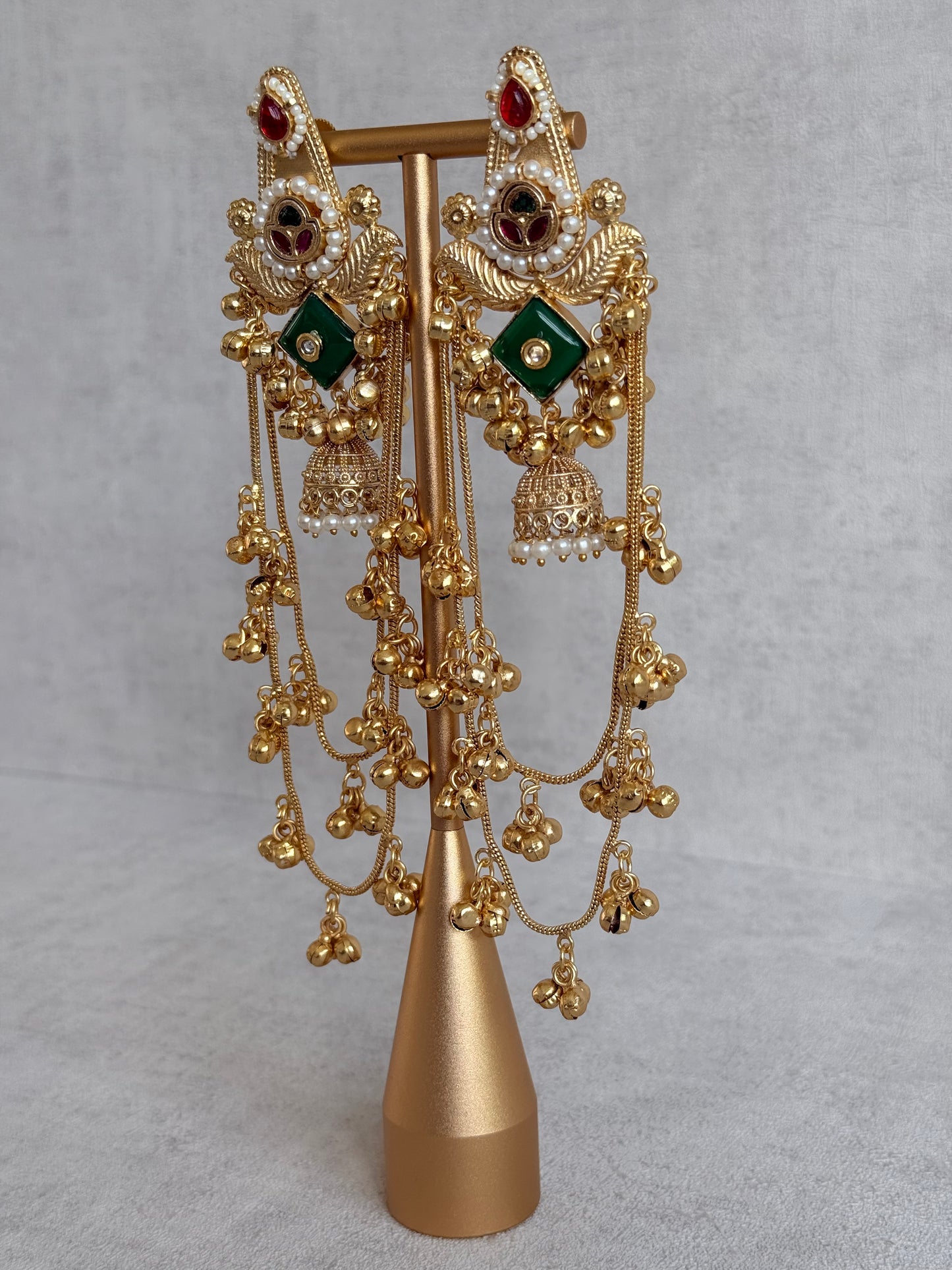 Ayura Designs Simal Earrings – Kashmiri Earrings with Green Stone, Multicoloured Detailing, Layered Ghungroo Chains & Jhumkis
