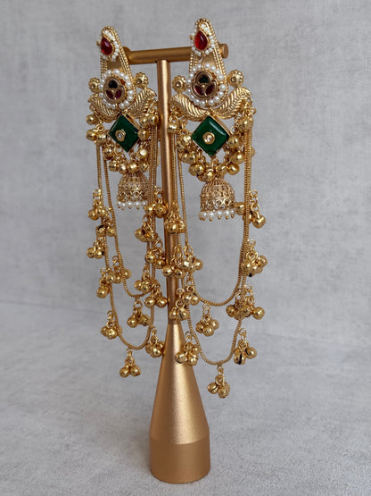 Ayura Designs Simal Earrings – Kashmiri Earrings with Green Stone, Multicoloured Detailing, Layered Ghungroo Chains & Jhumkis