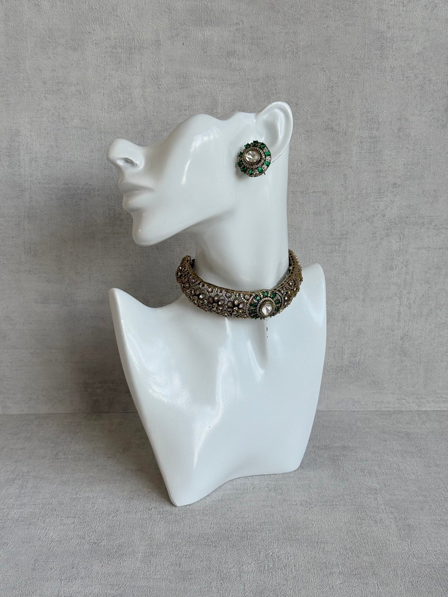 Ayura Designs Genevieve Choker Set with Studs – Emerald Green Crystal Kundan in Antique Gold