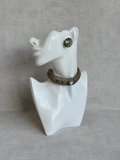 Ayura Designs Genevieve Choker Set with Studs – Emerald Green Crystal Kundan in Antique Gold