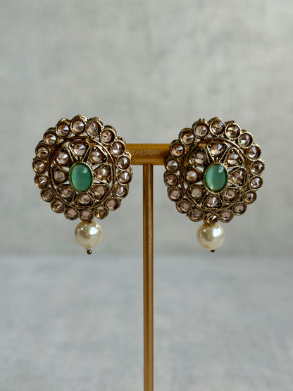 Ayura Designs Sania Set with Necklace, Earrings & Tikka – Mint Oval Stones, Kundan Detailing & Antique Gold Finish