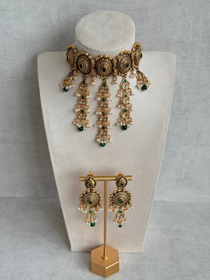 Ayura Designs Kabini Choker Set with Earrings – Gold Kundan Waterfall Choker with Emerald Green Beads & Pearls