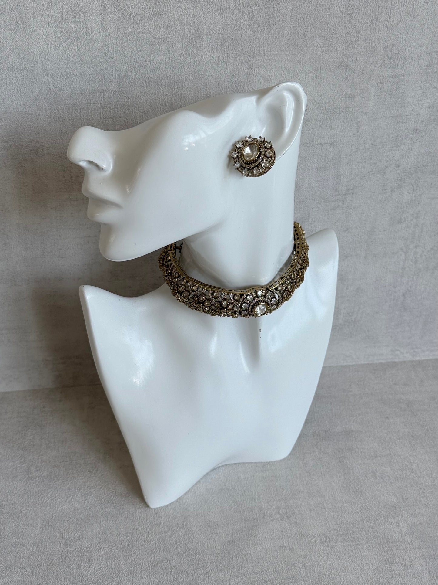 Ayura Designs Genevieve Choker Set with Studs – Crystal Kundan in Antique Gold