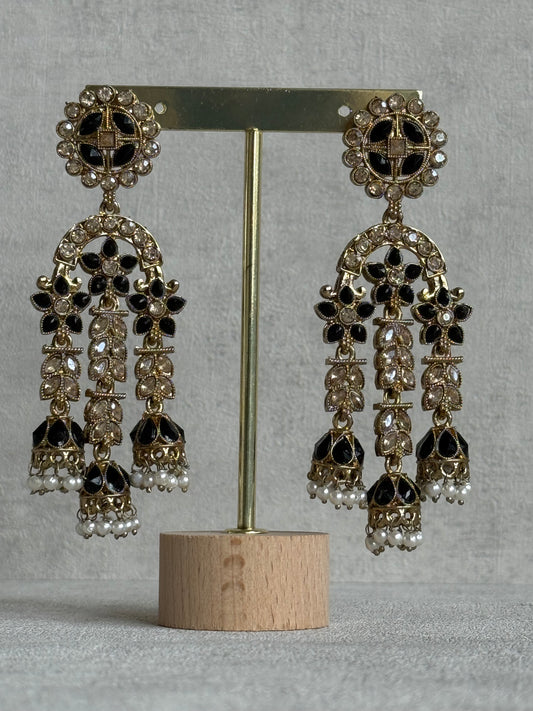 Ayura Designs Soraya Earrings – Black Stones, Champagne Crystals, Pearl Detailing & Gold Finish