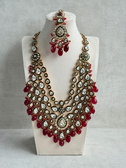 Ayura Designs Zahira Bridal Set with Necklace, Earrings & Tikka – Kundan Detailing with Green Enamel, Ruby Pink Stones & Maroon Bead Drops