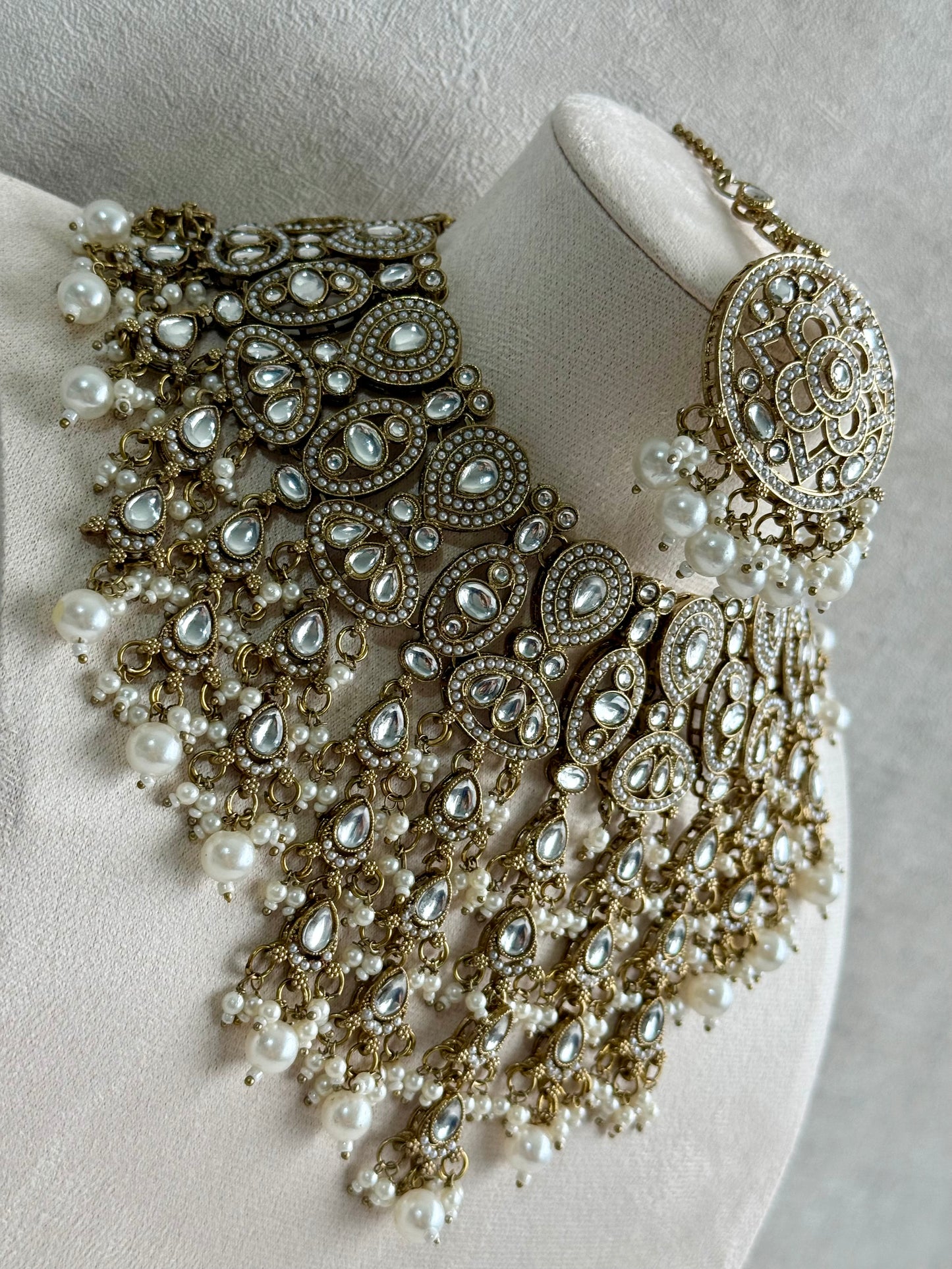 Ayura Designs Tanya Bridal Set with Necklace, Earrings & Tikka – Ivory Pearls, Mirror-Cut Stones & Antique Gold Finish