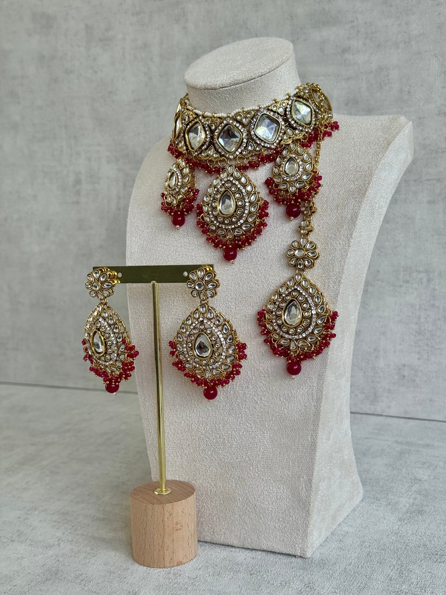 Ayura Designs Kirpa Choker Set with Earrings & Tikka – Ruby Red Beads & Mirror-Cut Stones