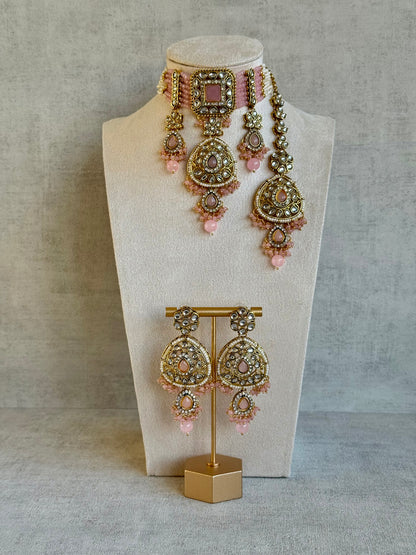 Ayura Designs Zarmeen Choker Set with Earrings & Tikka – Mirror-Cut Stones, Antique Gold Finish and Blush Pink Beads
