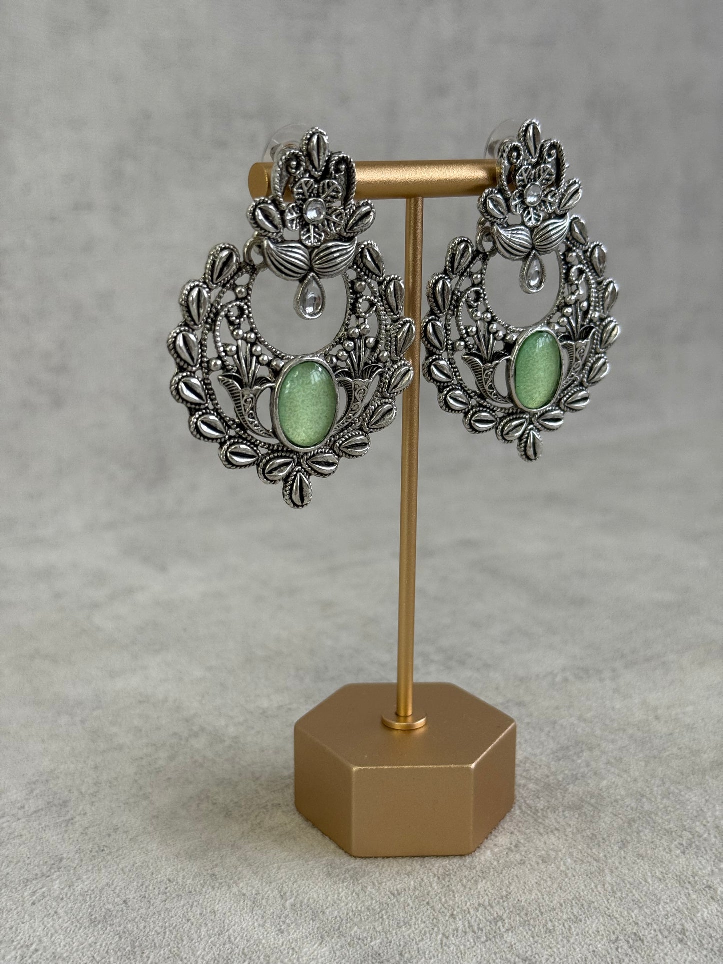 Ayura Designs Eila Earrings with Pistachio Green Stone in Antique Silver Finish