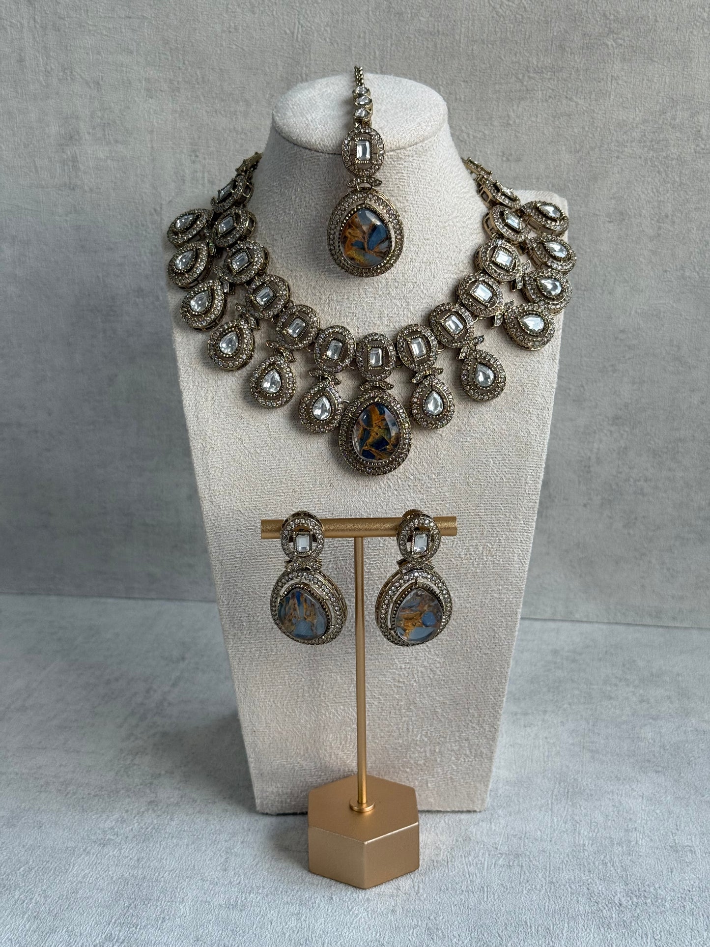 Ayura Designs Aurora Set with Earrings & Tikka – Blue & Bronze Marbled Stone, Mirror-Cut Accents & Antique Gold Finish