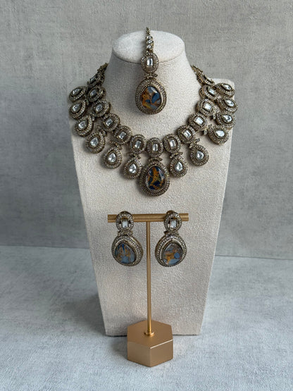 Ayura Designs Aurora Set with Earrings & Tikka – Blue & Bronze Marbled Stone, Mirror-Cut Accents & Antique Gold Finish