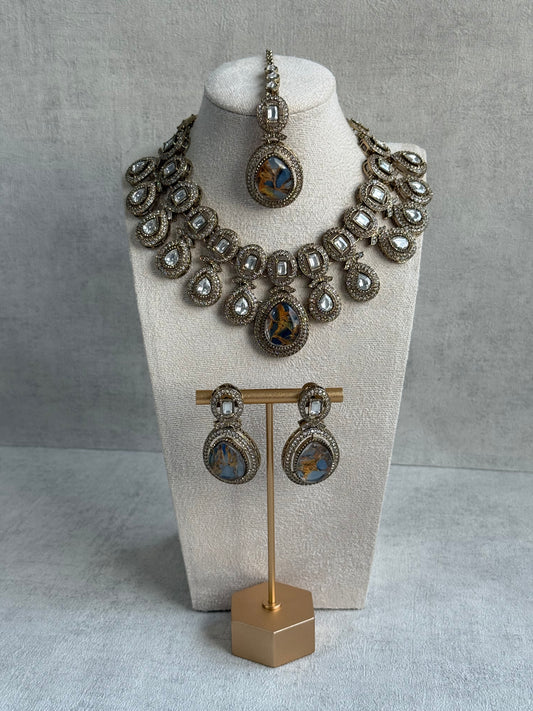 Ayura Designs Aurora Set with Earrings & Tikka – Blue & Bronze Marbled Stone, Mirror-Cut Accents & Antique Gold Finish