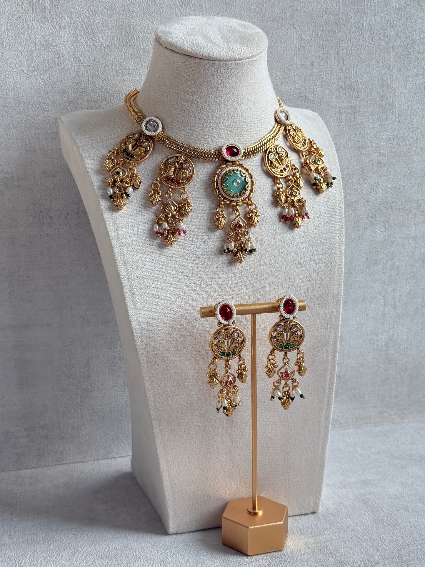 Ayura Designs Parchhai Necklace Set with Earrings – Mint Green, Ruby Red & Emerald Green Stones, Bird Motifs & Pearl Detailing