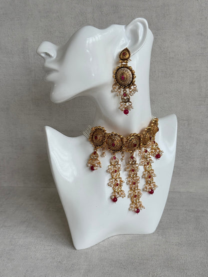 Ayura Designs Kabini Choker Set with Earrings – Gold Kundan Waterfall Choker with Ruby Pink Beads & Pearls