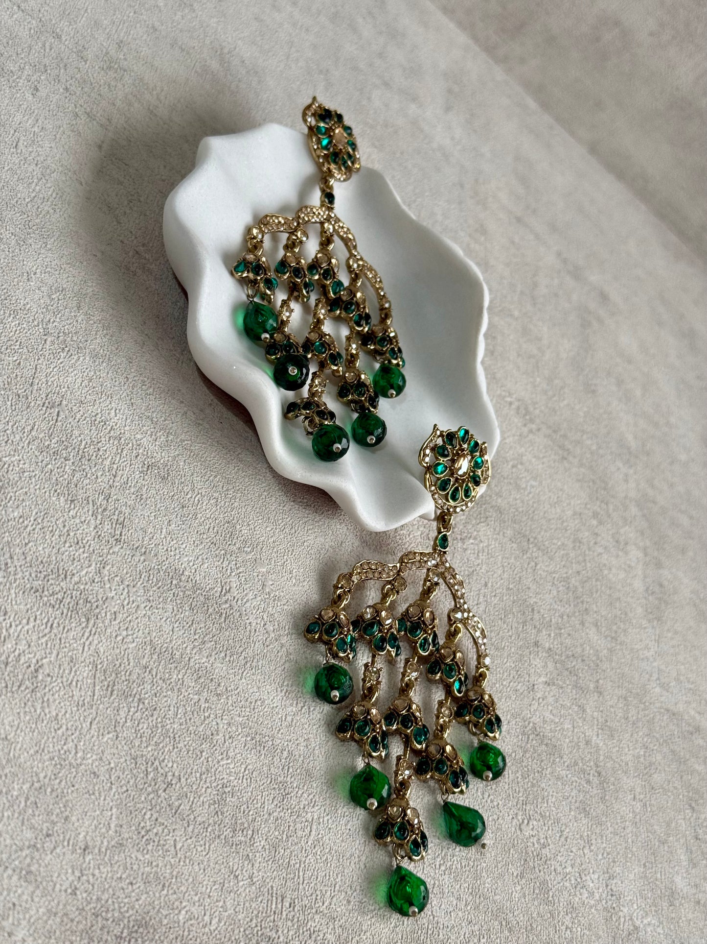 Ayura Designs Jasmine Earrings – Chandelier Earrings with Emerald Green Beads & Antique Gold Detailing