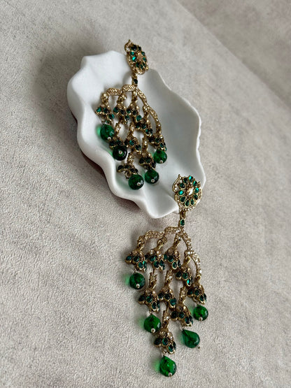 Ayura Designs Jasmine Earrings – Chandelier Earrings with Emerald Green Beads & Antique Gold Detailing