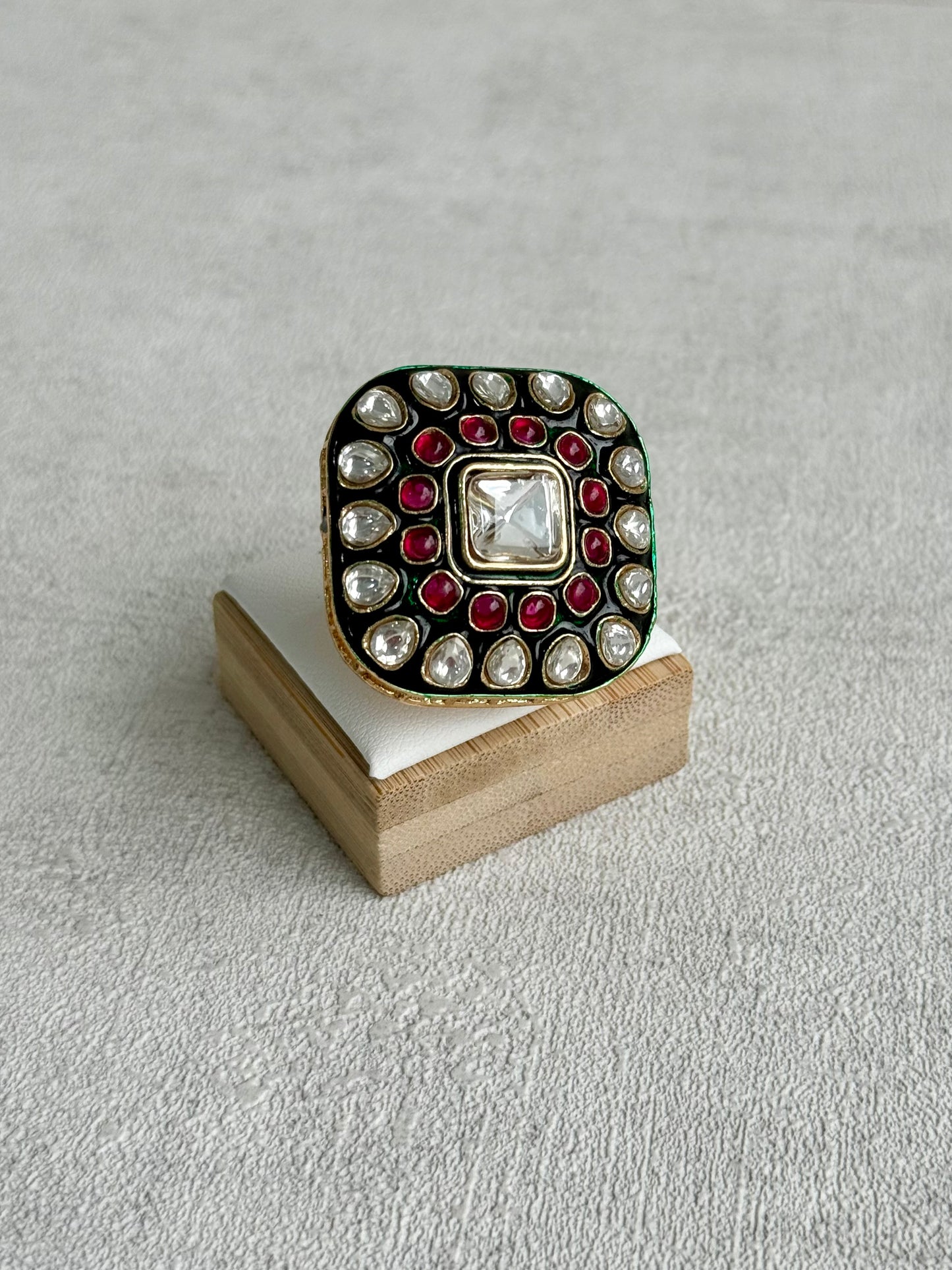 Ayura Designs Arzoo Adjustable Ring – Mirror-Cut Stone Centre with Ruby Pink Stones, Green Enamel & Crystal Detailing