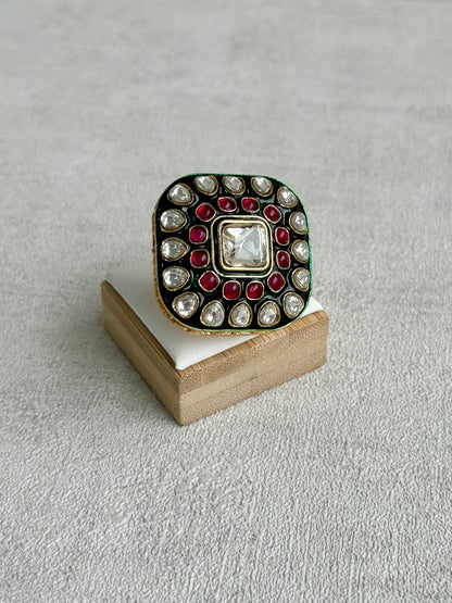 Ayura Designs Arzoo Adjustable Ring – Mirror-Cut Stone Centre with Ruby Pink Stones, Green Enamel & Crystal Detailing