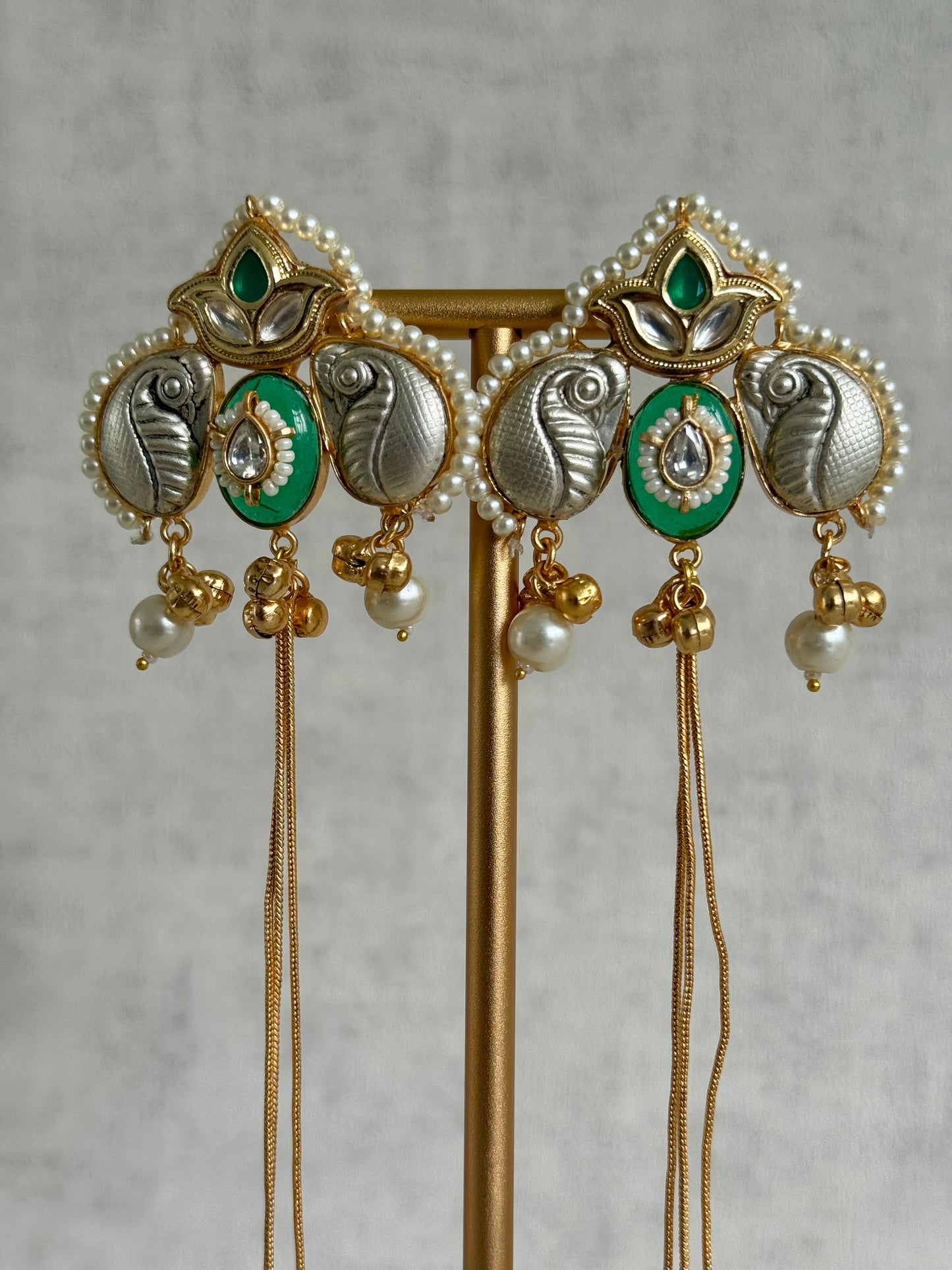 Ayura Designs Sozni Kashmiri Earrings – Kashmiri-Inspired Meenakari with Pistachio Green & Ruby Detailing