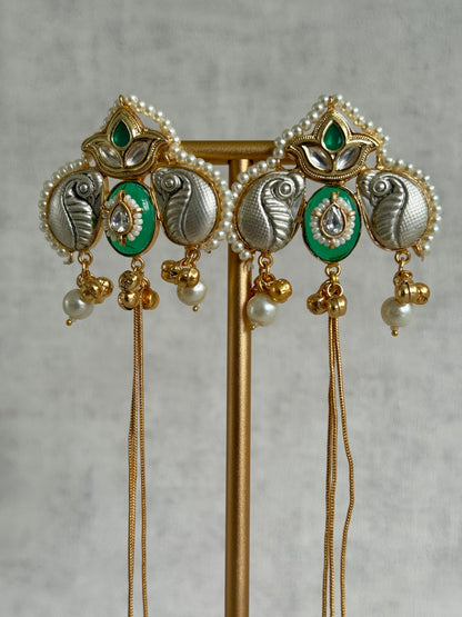 Ayura Designs Sozni Kashmiri Earrings – Kashmiri-Inspired Meenakari with Pistachio Green & Ruby Detailing