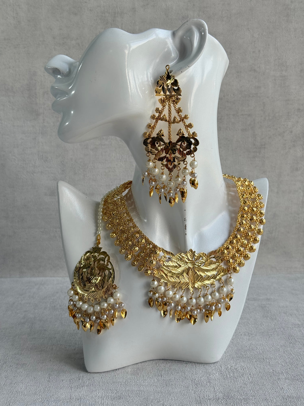 Ayura Designs Jasira Necklace Set with Earrings & Tikka – Pippal Patti Design with Swan & Peacock Motifs, Ivory Pearls & Gold Finish