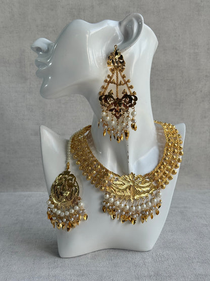 Ayura Designs Jasira Necklace Set with Earrings & Tikka – Pippal Patti Design with Swan & Peacock Motifs, Ivory Pearls & Gold Finish