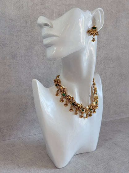 Ayura Designs Ruva Necklace Set with Earrings – Gold Finish, Emerald Green Stones, Ivory Detailing & Elephant Motifs